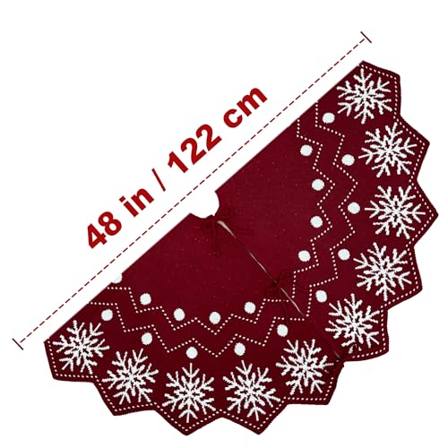 48-Inch Reversible Knit Tree Skirt with Christmas Star–Inspired Pointed Edge Border and Lace-Up Closures, Machine Washable Thick Acrylic Yarn, Burgundy & White