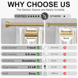 PORTRES Gold Heavy Duty Curtain Rods for Windows 66 to 120 Inches Adjustable Length 1" Diameter Brass Curtain Rod with Modern Decorative Finials for Outdoor Bedroom Kitchen Living Room