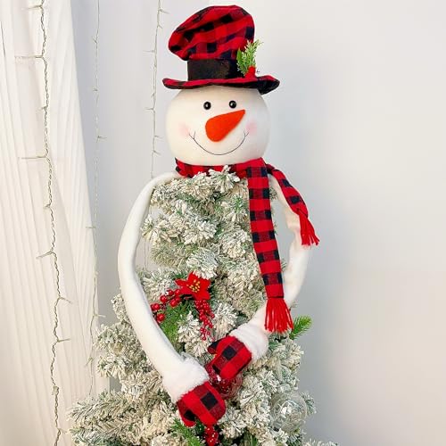 Juegoal Christmas Snowman Tree Topper, Large Plush Snowman Treetop Hugger with Red Black Plaid Top Hat & Scarf, Xmas Tree Ornament Supplies Holiday Winter Home Wonderland Party Decorations
