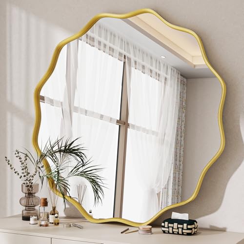 Round Wavy Mirror, 30 Inch Metal Frame Circle Mirror, Round Wall Mounted for Entryway, Bathroom, Vanity, Living Room, Gold