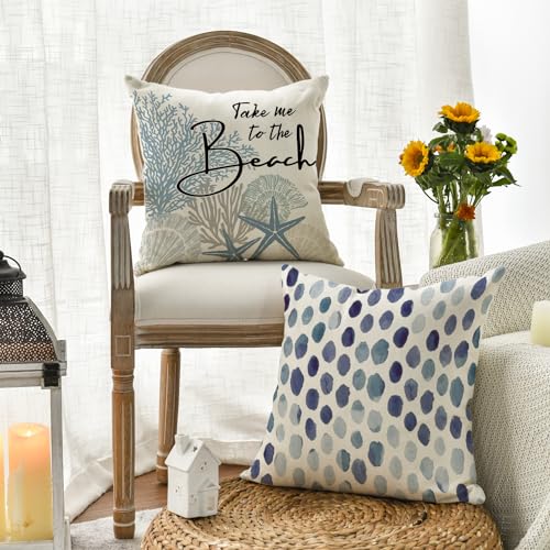 AVOIN colorlife Take Me to The Beach Summer Throw Pillow Covers, 18 x 18 Inch Blue Ocean Starfish Summer Cushion Case for Sofa Couch Set of 4