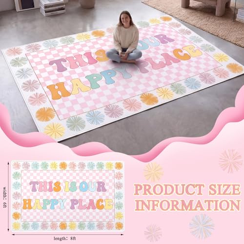 Breling 8'4" x 6' This is Our Happy Place Classroom Rug Pink Checkered Large Area Rug for Kids Educational Play Carpet for Playroom Preschool Kindergarten, This is Our Happy Place Classroom Decor