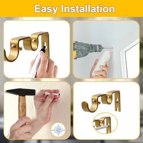 Double Curtain Rod Bracket 6 Pack Metal Curtain Rod Holders for Wall Sturdy Curtain Bracket for 1 Inch Curtain Rod Gold Wall Mounted Curtain Rod Hooks for Bedroom Living Room Patio