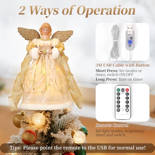 Lewondr Christmas Tree Topper Angel, 12'' Light Up Angel Tree Topper with Gold Wings and Candle Light, 8 Modes and 6 Hrs Timer USB and Remote Operated Christmas Decor for Holiday Home Decor, Apricot