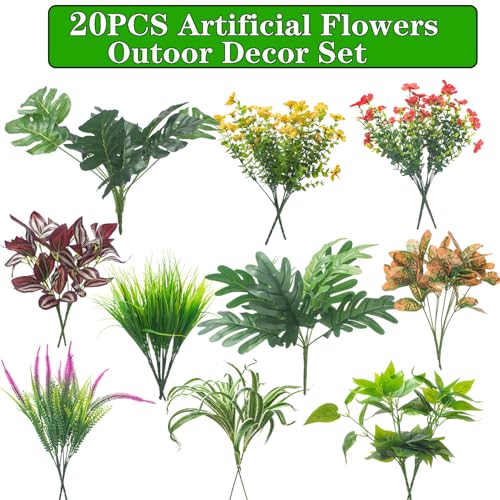 Grunyia 20PCS Fake Flowers UV Resistant Artificial Plants & Faux Shrubs - Outdoor Plastic Greenery Stems for Garden Porch, Window Box Planter, Home Decor(Pot Not Included)