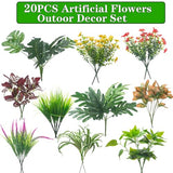 Grunyia 20PCS Fake Flowers UV Resistant Artificial Plants & Faux Shrubs - Outdoor Plastic Greenery Stems for Garden Porch, Window Box Planter, Home Decor(Pot Not Included)