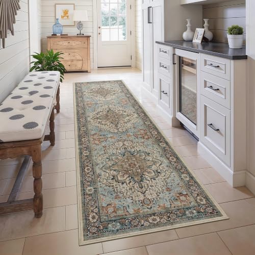 Washable 2x6 Runner Rug, Blue Vintage Floral Non-Slip for Hallway, Kitchen