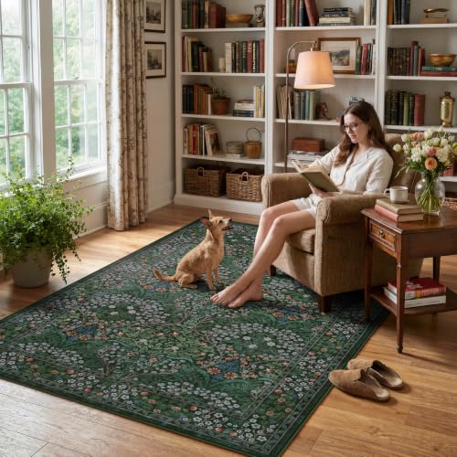 Lahome Dark Green Rugs 5x7, Soft Washable Rugs for Bedroom Reading Corner, Boho Non Slip Low Pile Forest Stain Resistance Floral Carpet for Living Room Office Giverny, Dark Green