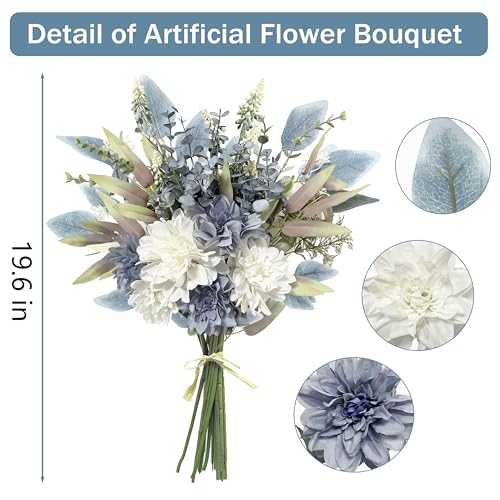 Artificial Flowers Bouquet, Silk Flowers Blue Fake Flowers Arrangement Faux Flowers for Home Decor, Vase Arrangement, Wedding Bouquets, Table Centerpieces Decor (Blue White No Vase)