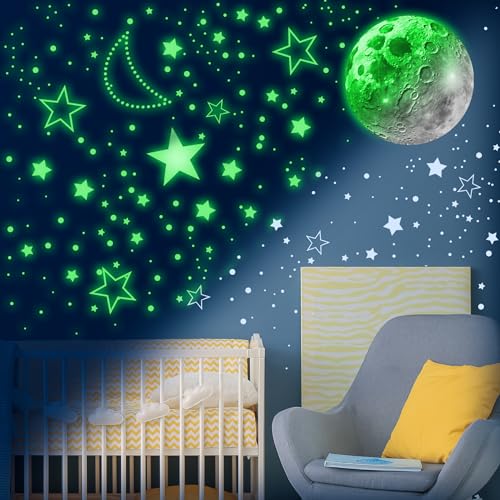 965 PCS Glow in The Dark Stars and Moon for Ceiling, Luminous Stars and Planet Wall Decals, Kids Room Decor, Glowing Galaxy Wall Stickers for Nursery Decorations (Green)