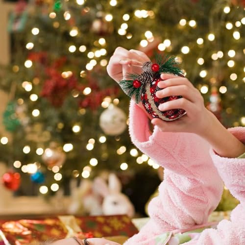 Iceyyyy 9PCS Christmas Plaid Ball Ornaments - 2 Inch Black & Red Buffalo Plaid Fabric Ball Ornaments with Pine Cones and Greenery, Plaid Christmas Tree Hanging Balls Ornament Festive Decoration