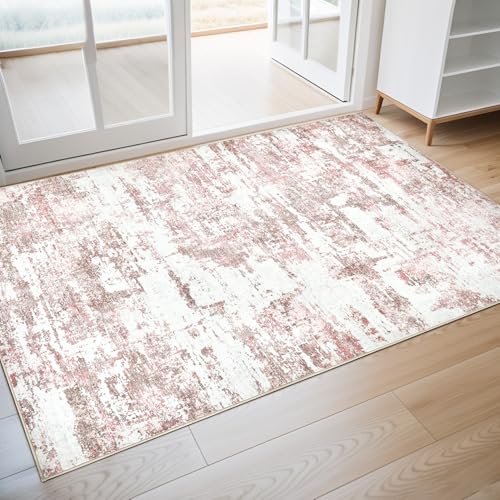 3x5 Runner Rug, Abstract Washable Hallway Rugs, Pink