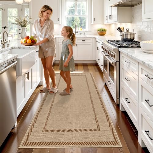 Washable 3x6 Runner Rug Neutral: Non Slip Faux Jute Bordered Geometric Rugs