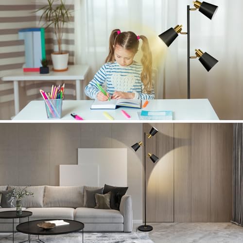 Tree Floor Lamp for Living Room, Industrial 3-Light Standing Lamp with 3 LED Bulbs, Adjustable Rotation Heads, Standing Tall Pole Lamp Farmhouse Rustic Reading Lamps for Bedroom Office (Black Gold)