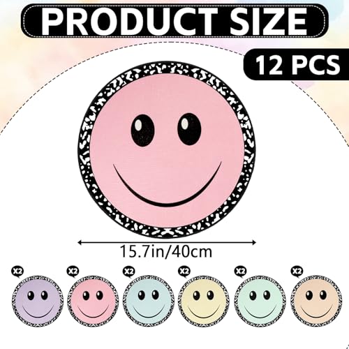 12Pcs Smiley Face Carpet Circle Seats for Classroom Decor 16 Inch Non Slip Floor Cushions Smiley Composition Notebook Classroom Rug Round Floor Mat for Preschool Kindergarten Reading Playing Area