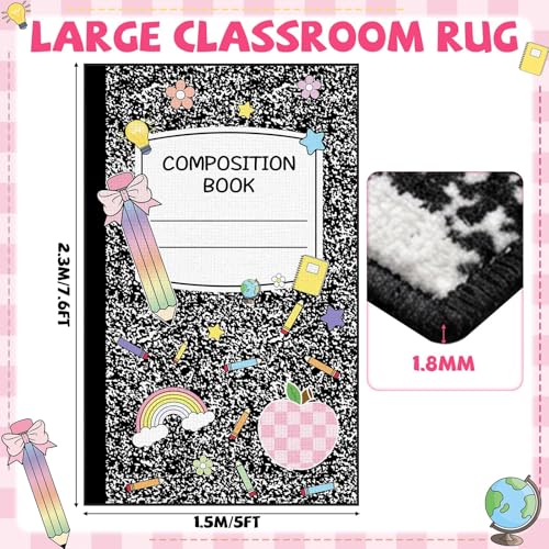 5x7.6 ft Composition Notebook Classroom Rug Black and White Educational Area Mat Composition Book Play Carpet Back to School Learning Mat for Preschool Nursery Kindergarten(Black White Notebook)