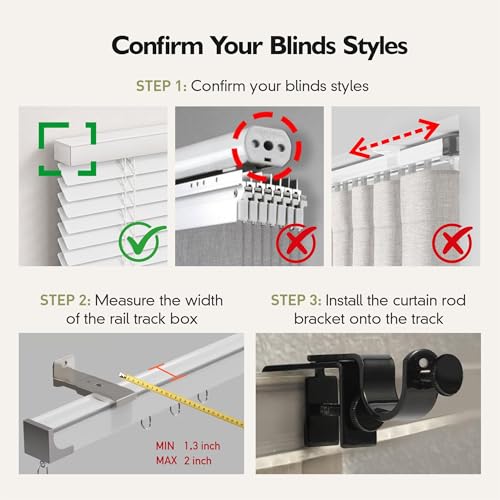 Outside Mounted Blinds Curtain Rod Bracket -- Tool-Free No Drill Installation for 1.3-2 Inch Rectangular Headrails, Black 3-Pack