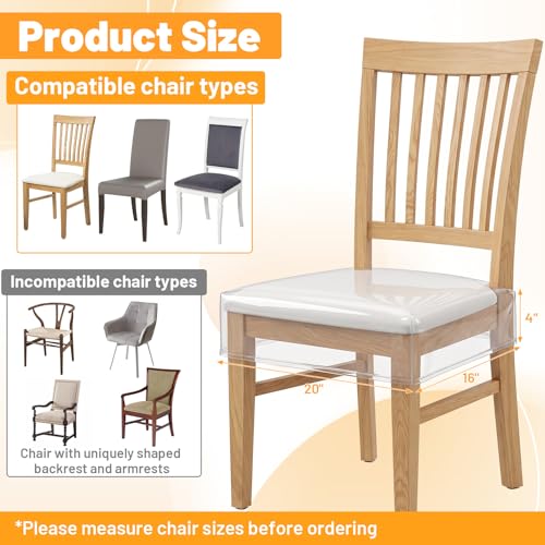 6 Pack Clear Plastic Dining Chair Covers – Heavy-Duty PVC Seat Protectors, Waterproof & Scratch Resistant, 20" x 16" x 4" Fits Most Standard Chairs with Hook and Loop Closure