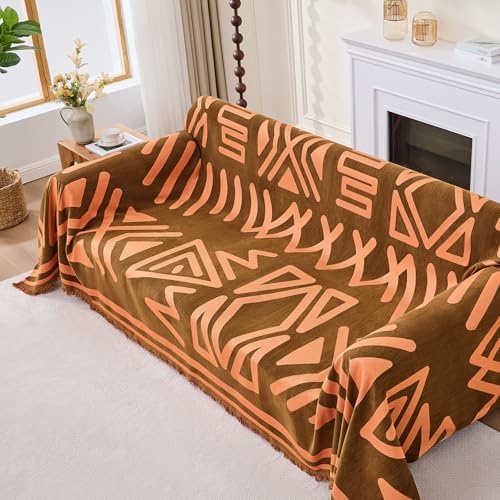 Boho Couch Cover Sofa Covers for 2 Cushion Couch, Couch Covers Washable Blanket Sofa Covers, Chenille L Shape Sectional Couch Covers for Dogs, Sofa Blanket Cover for Living Room (Orange)