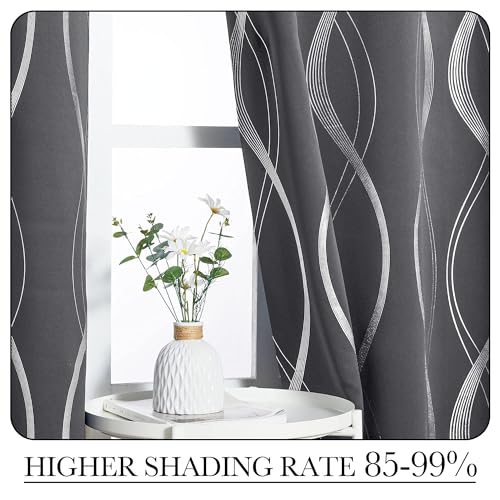 NICETOWN Grey Blackout Striped Pattern Curtains for Living Room 84 inch Long 2 Panels Set, Noise Reducing Thermal Insulated Wave Line Foil Print Bedroom Drapes for Patio Sliding Glass Door (52 x 84)