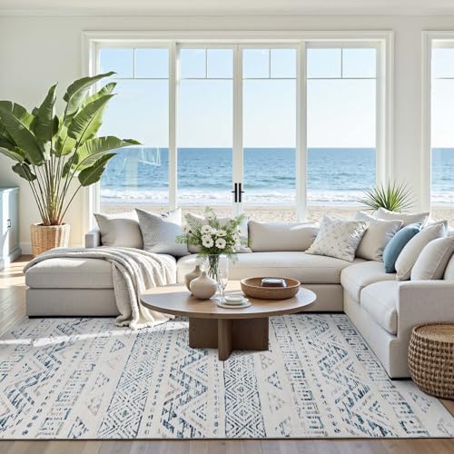 jinchan 8x10 Boho Moroccan Washable Living Room Area Rug, Blue