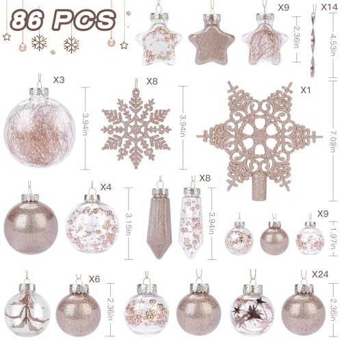 SHareconn 86PCS Christmas Tree Ornaments Clear Set,Shatterproof and Clear Plastic Baubles for Xmas Tree Decor, Holiday Wedding Party Decoration,Champagne