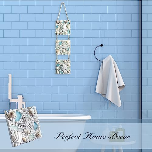 flangairy 20.5"x4.3" 3D Seashell Starfish Conch Beach Wall Hanging Decor | Wooden Base, Sand, Glass, Resin Sea Star Fish Shells, Ocean Coastal Theme Room Art, Nautical Bathroom Decorations for Home
