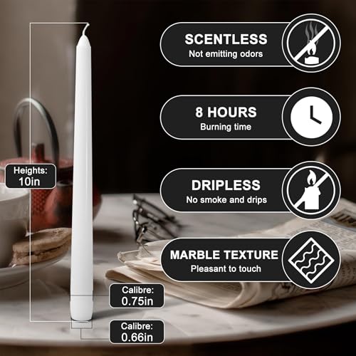 4 Pack White Taper Candles丨Taper Candles 10 Inch Dripless丨Unscented & Smokeless Candlesticks Bulk丨7-8 Hours Long Burning Tall Candles丨Ideal for Christmas Weddings Parties Dinner