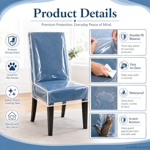 2 Pack Clear Plastic Dining Chair Covers, Waterproof Dining Chair Protectors with Backrest, PE Chair Seat Covers for Kitchen, Dining Room, Kids Messes, Pet Hair, Cat Claws, Fits 21" x 18" Seat