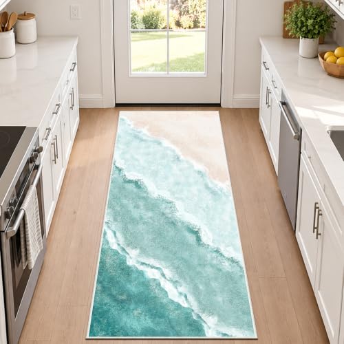 Beach Pattern 2x5ft Runner Rug Non Slip Washable Kitchen Runner Rug with Rubber Backing，Low-Pile Soft Washable Runner Rugs for Hallway Entryway Kitchen Bedroom Bathroom