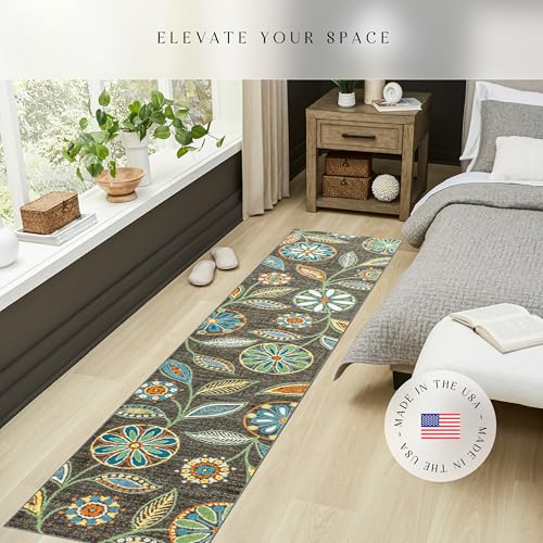 Maples Rugs Reggie Bohemian Floral Print Runner Rug, 2' x 10', Dark Grey