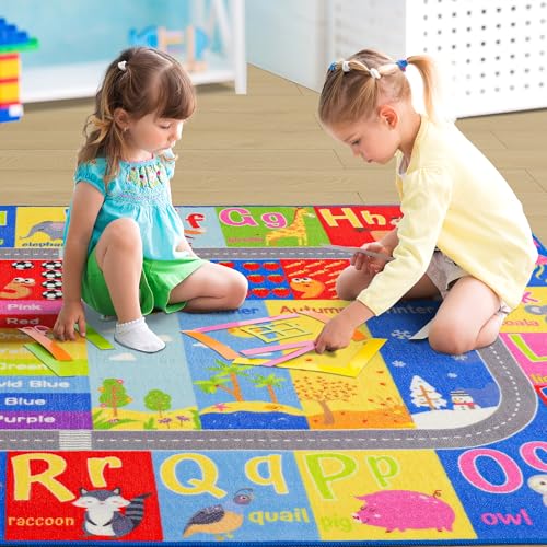 Kids Rug for Playroom Classroom, ABC Alphabet Numbers Play Toddlers Rugs, 3x5 Learning Educational Bedroom Floor Mat, Washable Baby Carpet for Boys Room, Nursery, Preschool, Daycare