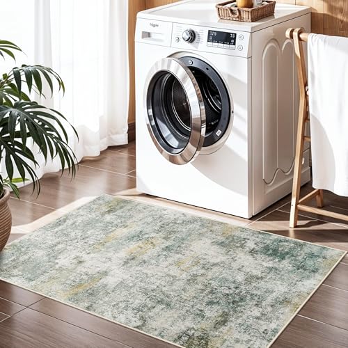 2x3 Runner Rug Washable Abstract: Soft Low Pile Carpet for Entryway Green