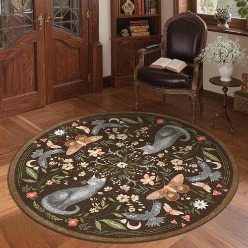 GarveeHome Round Area Rugs 4ft for Bedroom, Cat Brown Washable Circle Rug Soft Non Slip Mushroom Floral Floor Mat Carpet Indoor Thin Rug for Bedroom Dining Room Playroom Nursery Gothic Decor