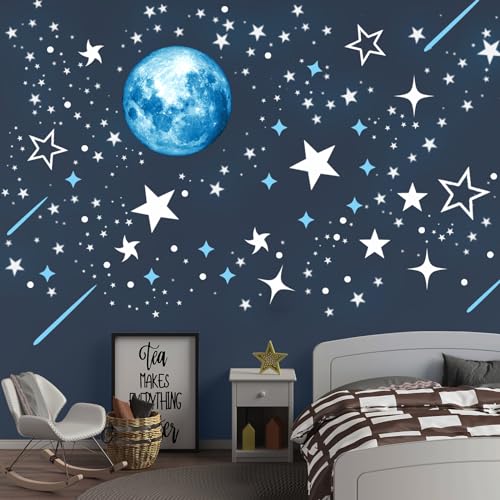 Glow in The Dark Stars for Ceiling, Starry Sky Stars and Moon Wall Decals, Space Solar System Galaxy Planets Wall Decors, for Kids Nursery Bedroom Living Room, Birthday Party Christmas