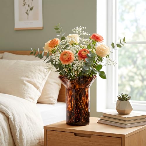 SiliFine 1 Pack Retro Tortoise Glass Shell Vase with Ruffle Rim, Amber Tortoiseshell Pattern Decorative Vase for Home & Office (9")