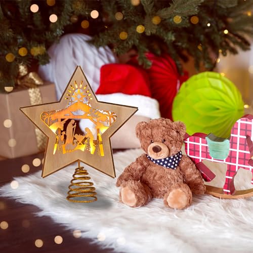 GHOSTMAGIC 3D Wooden Nativity Christmas Tree Star Topper Lighted, LED Xmas Decor Ornaments for Indoor