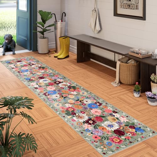 Floral Hallway Runner 2x10 Green Carpet Kitchen Rug