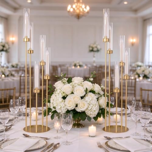 2PCS Gold 5 Arm Candle Holder Floor Candelabra with Acrylic Lampshade
