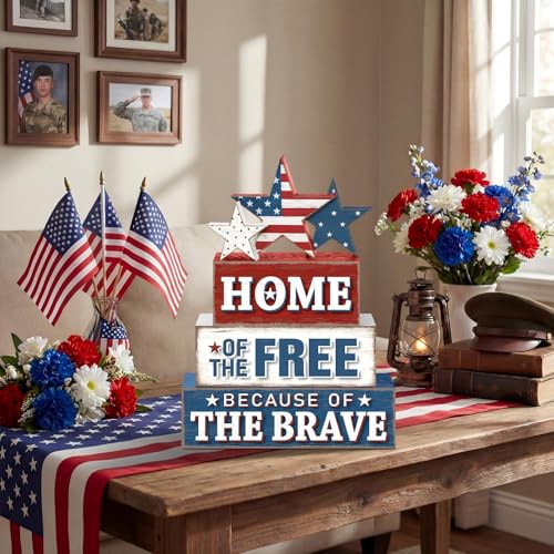 Yuntau 4 Pcs 4th of July Patriotic Table Decor Home of The Free Because of The Brave Wood Sign Red White Blue Table Centerpiece 250th Anniversary Independence Day Decor for Home Indoor Office Shelf