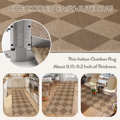 Lahome Checkered Easy Jute Outdoor Runner Rug, 2x6 Kitchen Rugs Washable