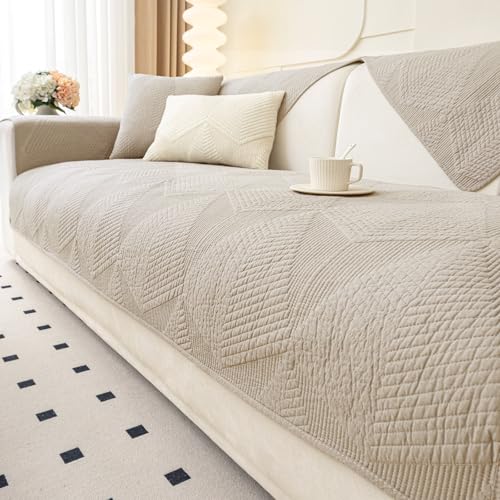 vctops Farmhouse Solid Color Embroidery Sofa Couch Cover Cotton Quilted Sectional Couch Covers Washable Non Slip Sofa Slipcover for Dogs, Children, Pets Furniture Protector (Khaki,28"x28")