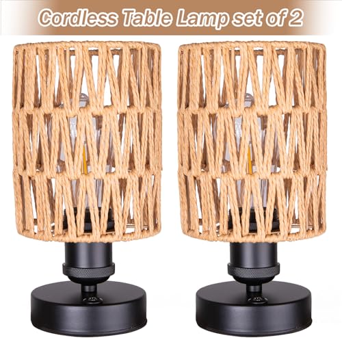 Cordless Rechargeable Outdoor Table Lamps, Battery Operated Table Lamp, Stepless Dimmable for Patio, Living Room, and Bedroom (Bulb Included) - Set of 2 (Beige)