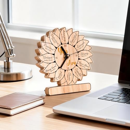 Christian Birthday Gifts for Women, Sunflower Clock Gifts for Women, Inspirational Spiritual Faith Gifts for Mom Wife Sisters Best Friends Coworker, Sunflower Wooden Clock Decor for Christian