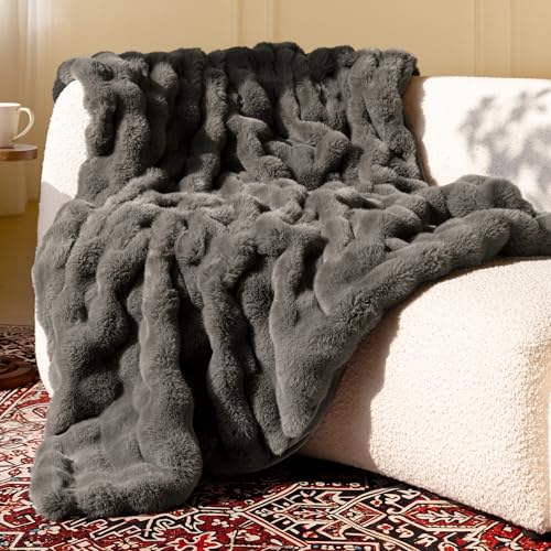 Ultra Soft Cozy Faux Fur Throw Blanket-Fuzzy Plush Thick Bubble Blanket, Fluffy Blanket for Couch, Sofa, Bedroom, and Living Room, 50x60 Inches, Dark Grey Taupe