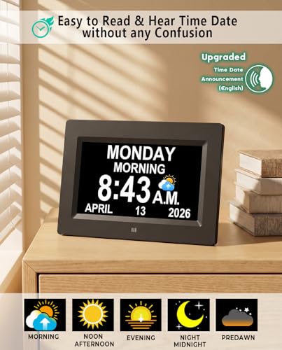 【Upgraded】27 Alarms Digital Talking Clock with Day and Date, Custom Reminders, 1280*800p HD Dsiplay, 10-Levels Dimmer, Auto DST, Sleep Trainer for Elderly Dementia, Voice-Talking with Remote
