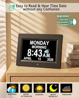 【Upgraded】27 Alarms Digital Talking Clock with Day and Date, Custom Reminders, 1280*800p HD Dsiplay, 10-Levels Dimmer, Auto DST, Sleep Trainer for Elderly Dementia, Voice-Talking with Remote