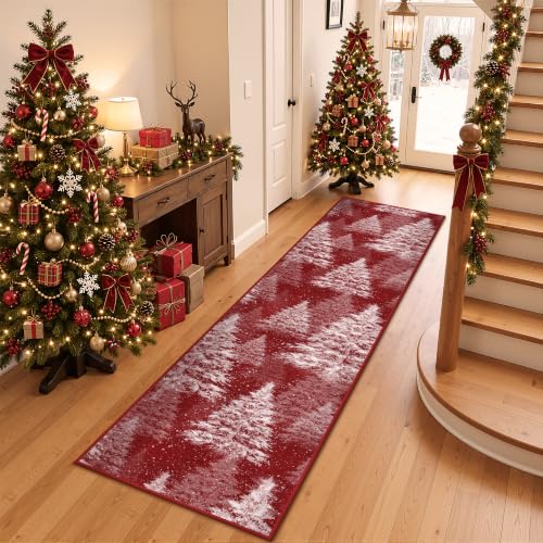 Christmas Runner Rug 2x8 for Hallway, Washable Soft Kitchen Rug Red