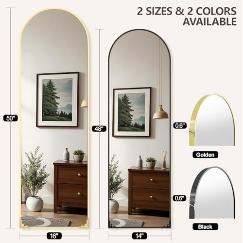 48"x14" Door Mirror, Arched Full Length Mirror, Over the Door Mirrors Full Length, Hanging Mirrors for Bedroom, Bathroom, Gold