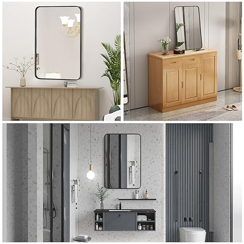 Wall Mount Mirror for Bathroom, Brushed Black Metal Framed Rounded Corner Rectangular Vanity Mirror (24" x 36", Black)